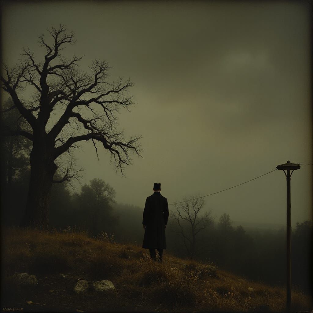 Goya and Modigliani Inspired Reaper in Dark Landscape