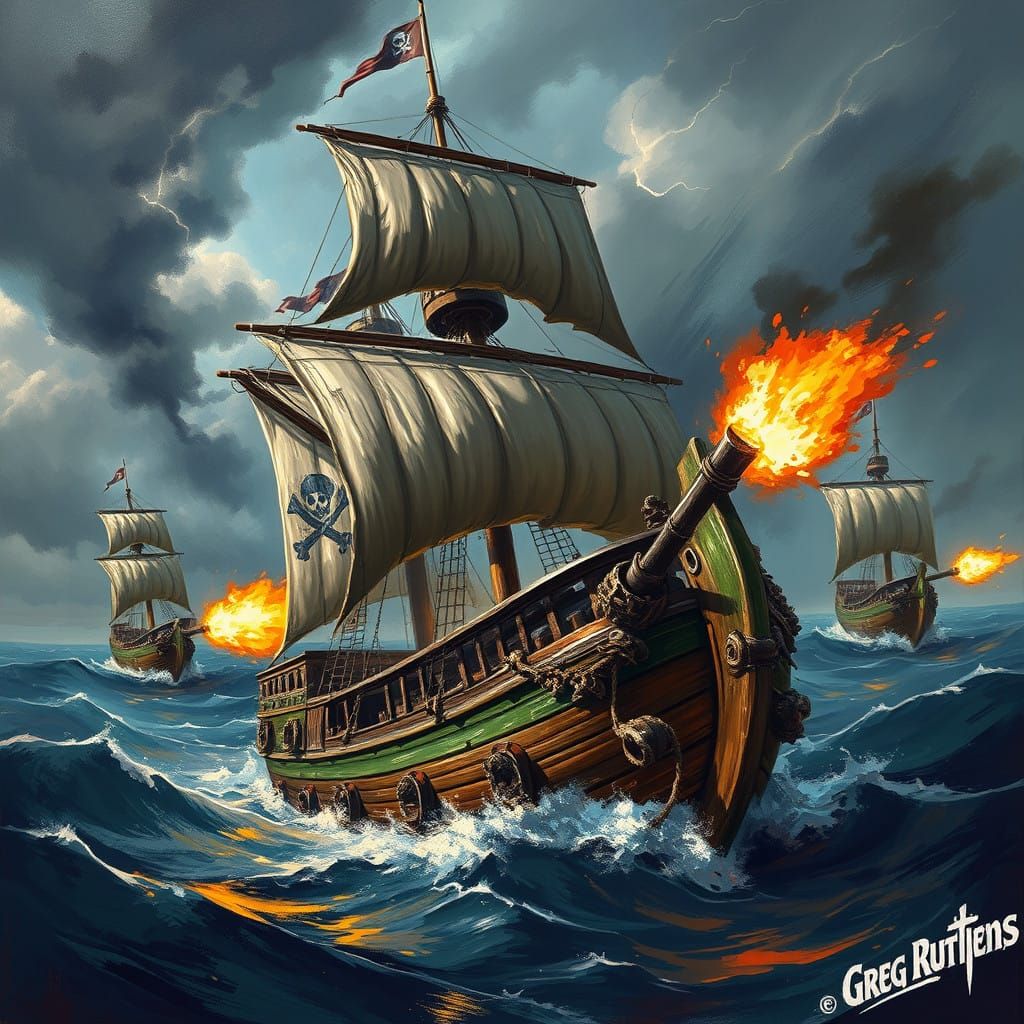 Pirate Ships Engage in Epic Sea Battle, in Vibrant Oil Paint...
