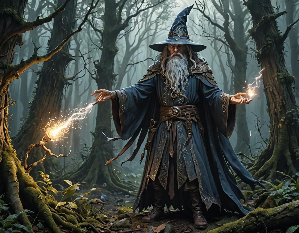 Wizard Casting Spell in Mystical Forest