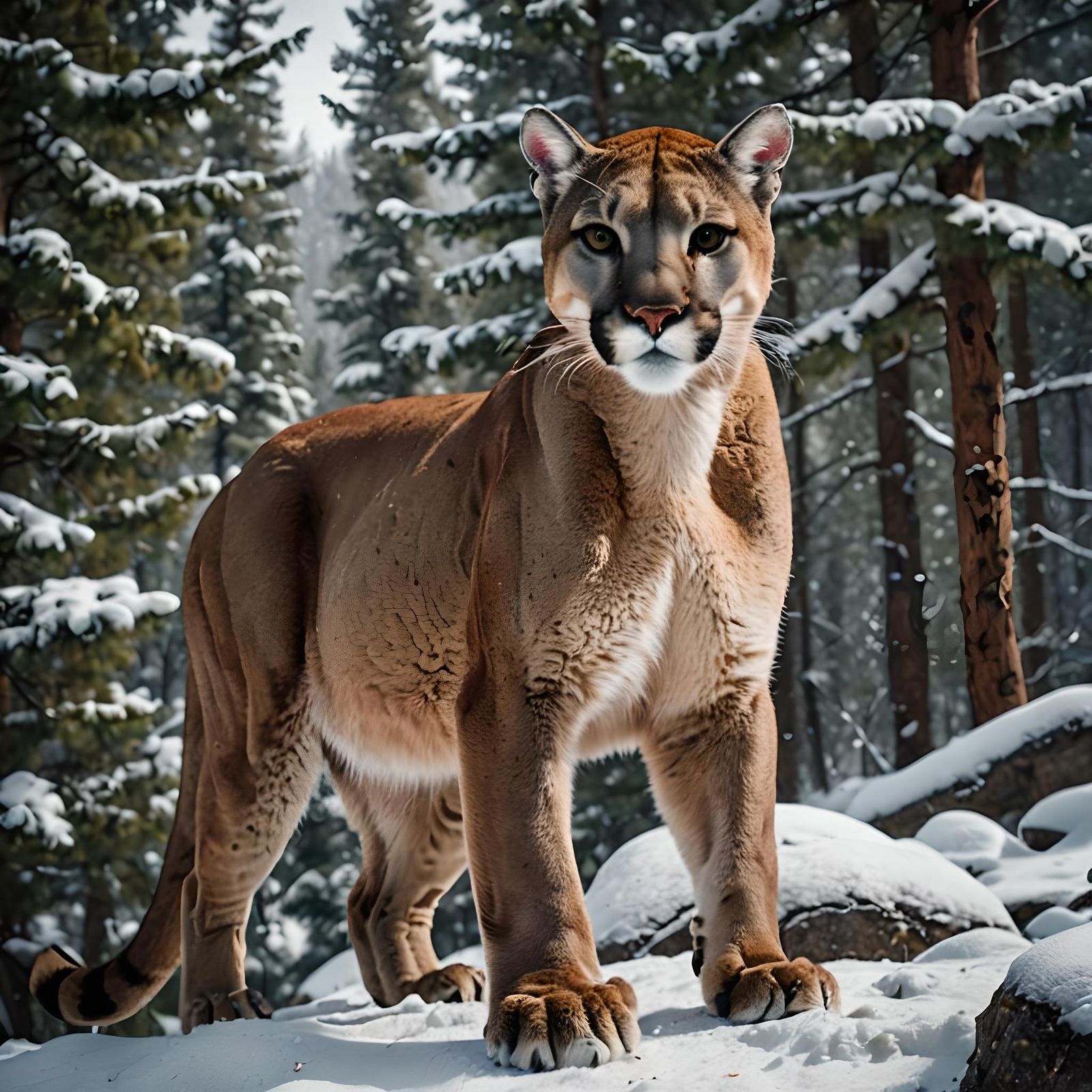 Mountain Lion in Snowy Rockies: Cinematic Film Still