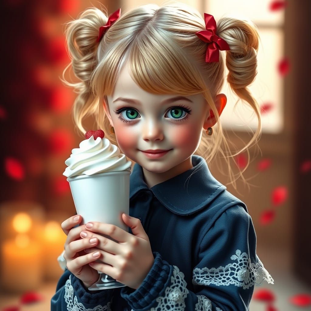 Whimsical Girl with Green Eyes and Red Petals