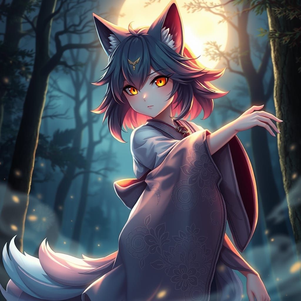 Wolf Goddess in Mystical Moonlit Forest
