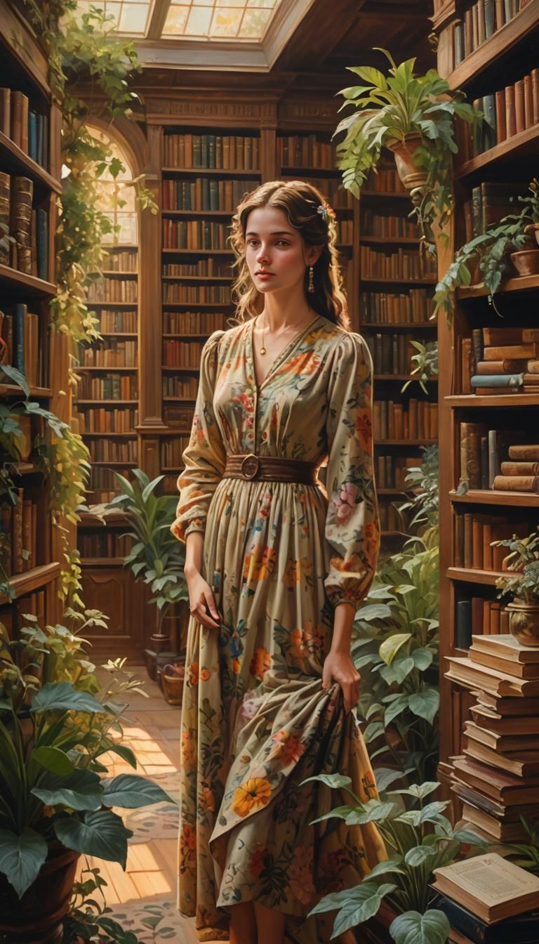 Woman in Floral Dress in Serene Library, Gurney Style