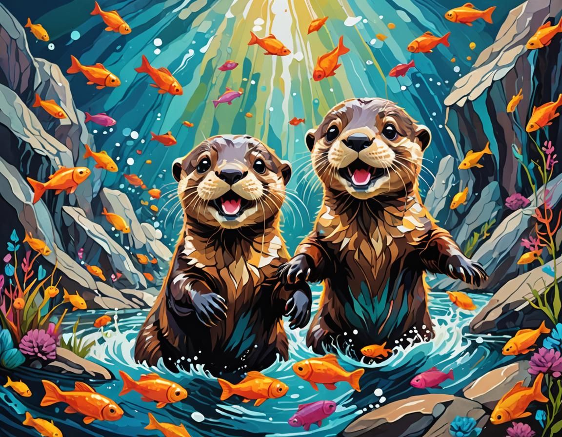 Playful Baby Otters Catching Fish in Abstract Art