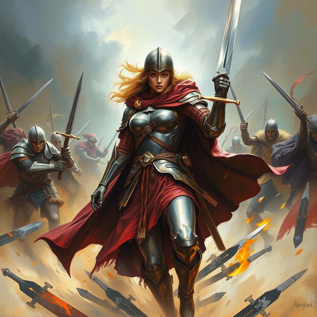 Female Teutonic Knight in Battle, as Oil Painting