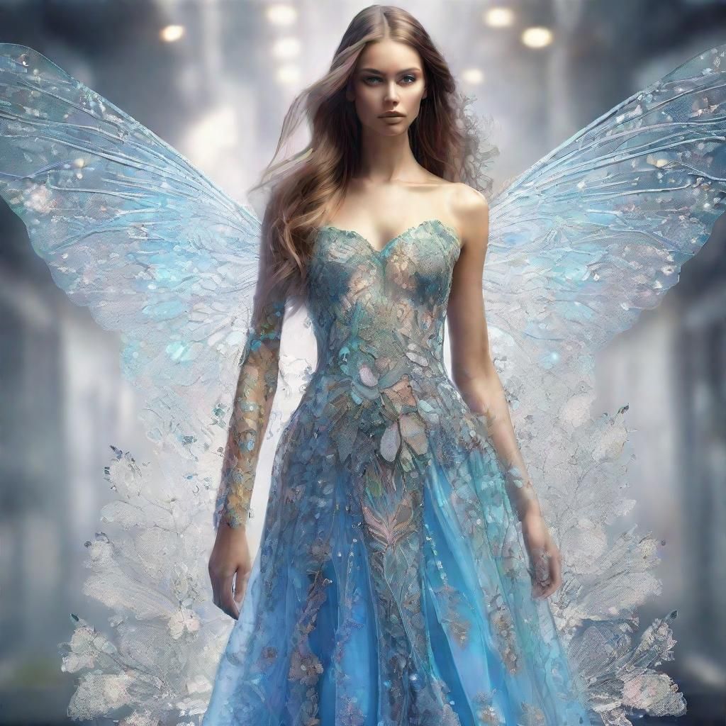 Hyperrealistic Fairy Woman on Catwalk in Haute Couture