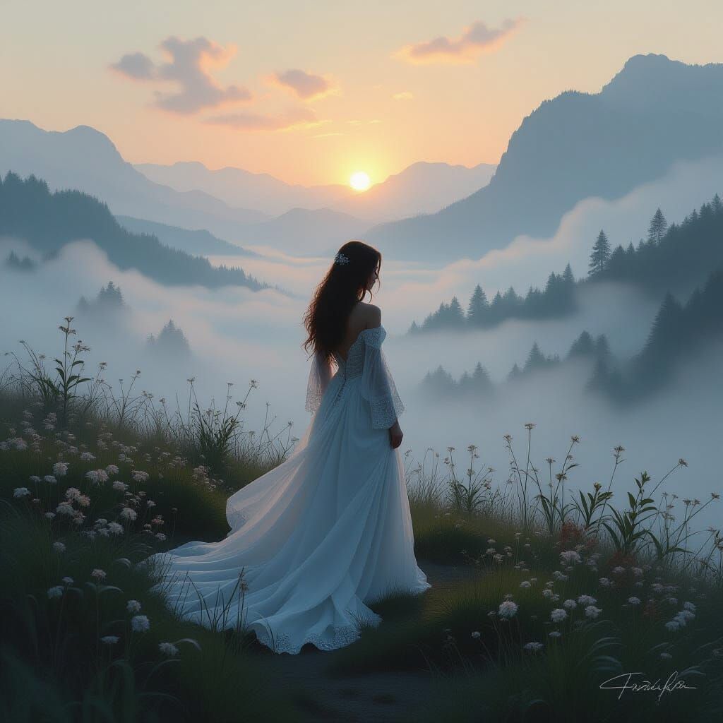 Ethereal Woman in Misty Landscape with Soft Lighting