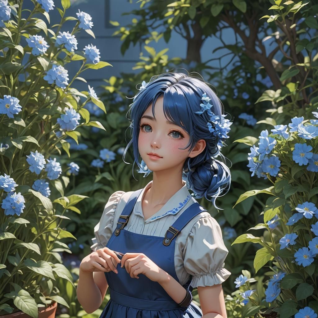 Anime Girl in Blue Gardening Dress, 3D Art