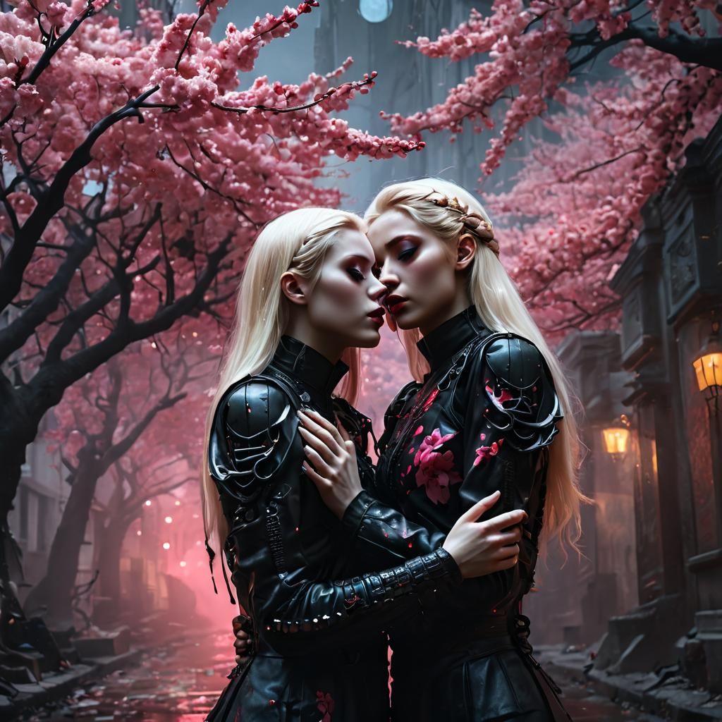 Cyber Goth Girls Kissing in Surreal Cityscape