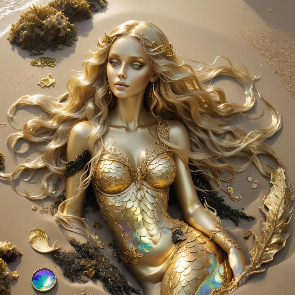 A mesmerizing golden artwork of a captivating siren sitting