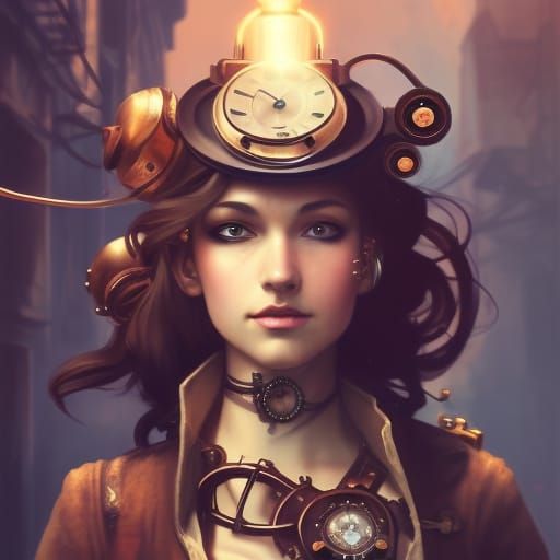 Steampunk Girl Portrait in Hyperdetailed Cityscape