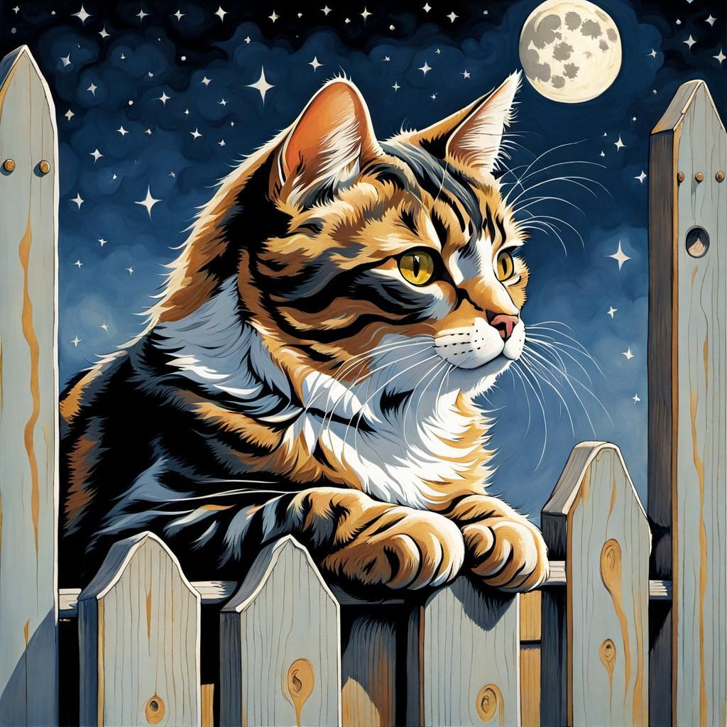 Cat's Moonlit Serenade: Detailed Fantasy Illustration