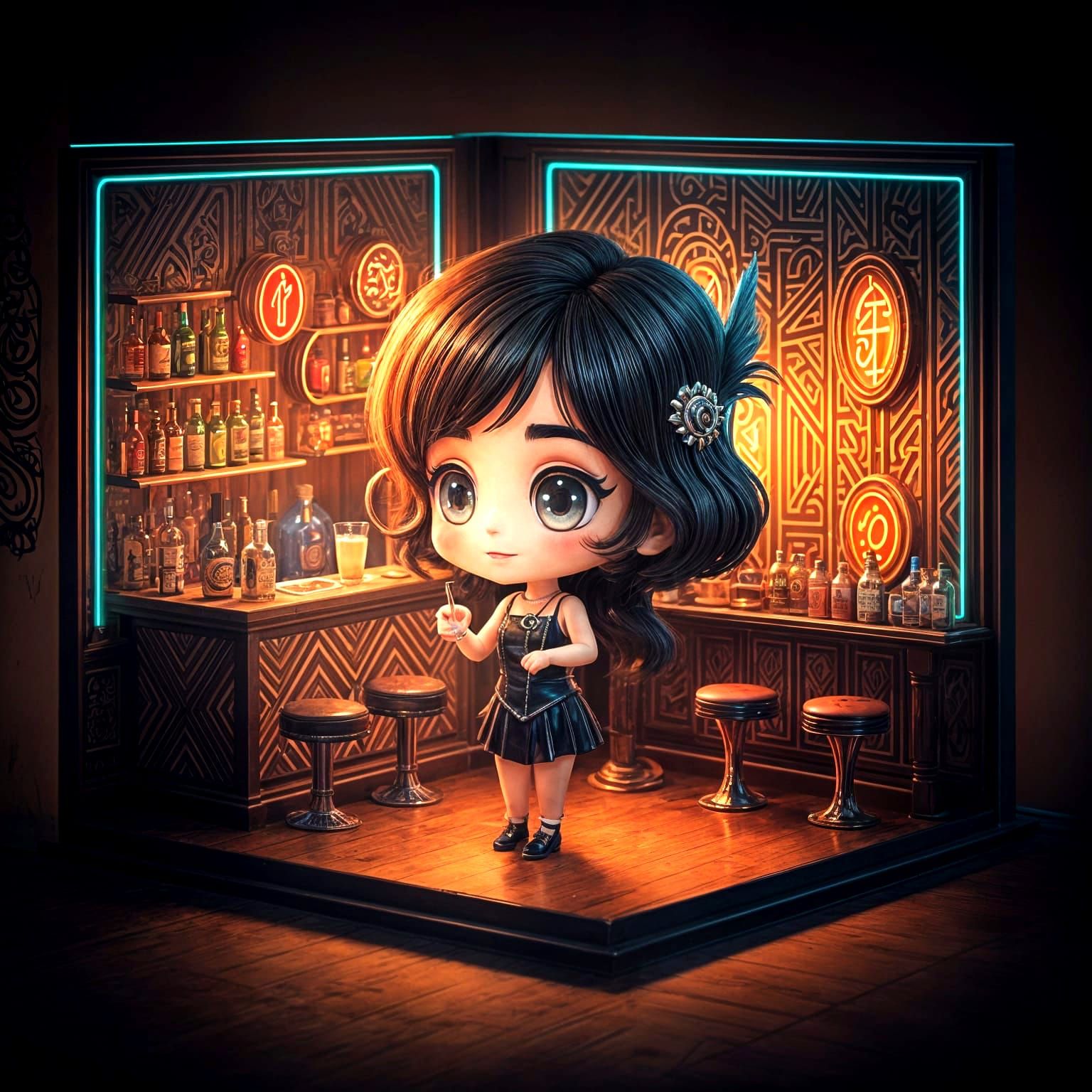 Chibi Bartender in Miniature Speakeasy, Kawaii Art