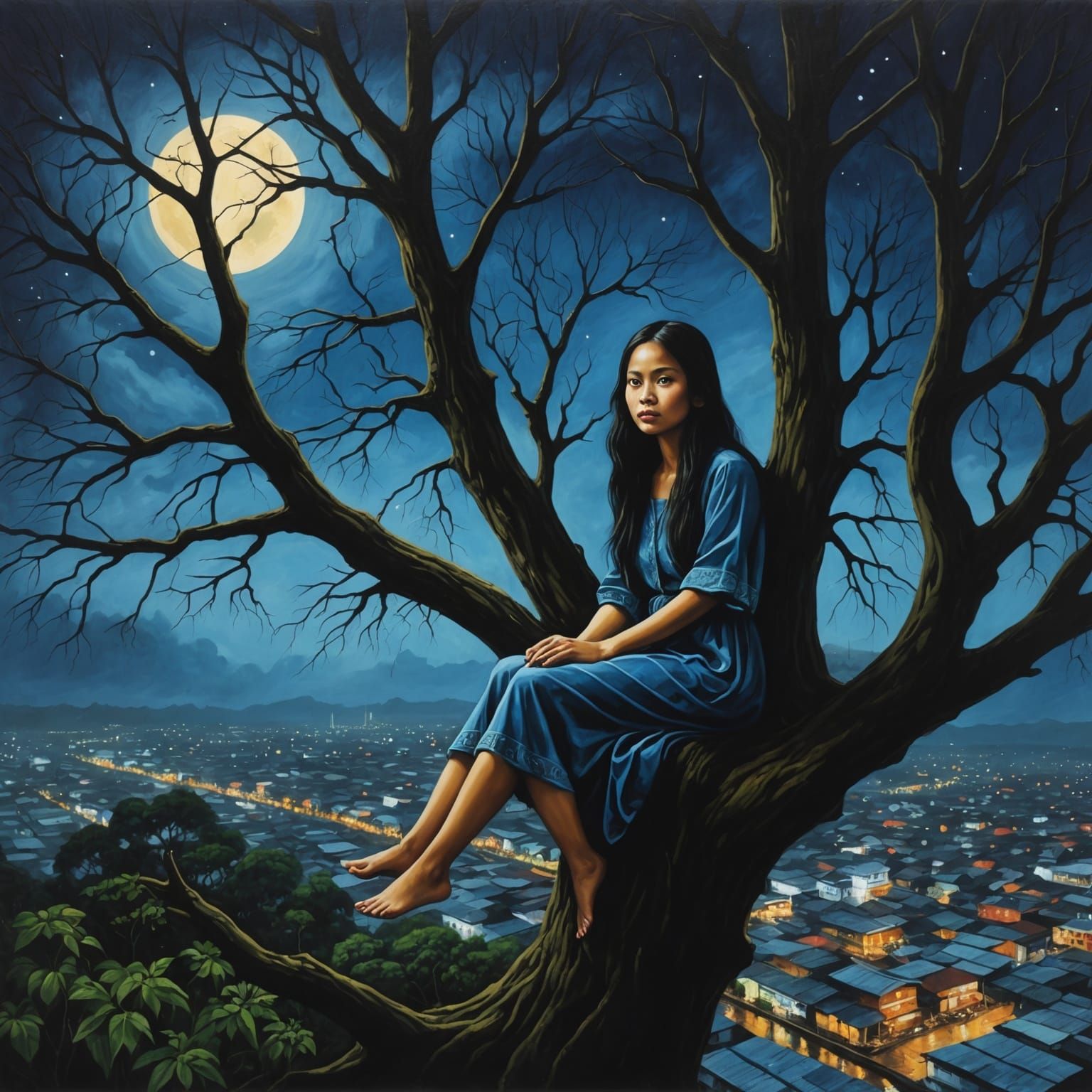 Surreal Pontianak Spirit in a Tree Painting