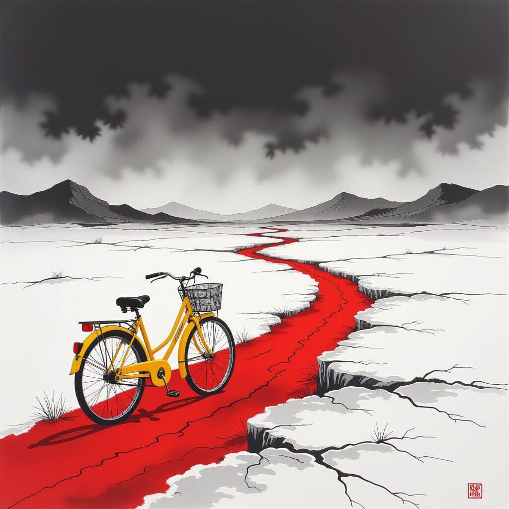 Barren Landscape with Yellow Bicycle, Ink Drawing Style