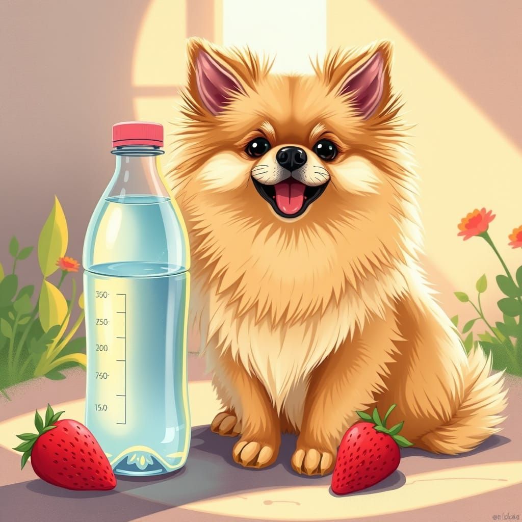 Whimsical Pomeranian in Sunny Strawberry Garden