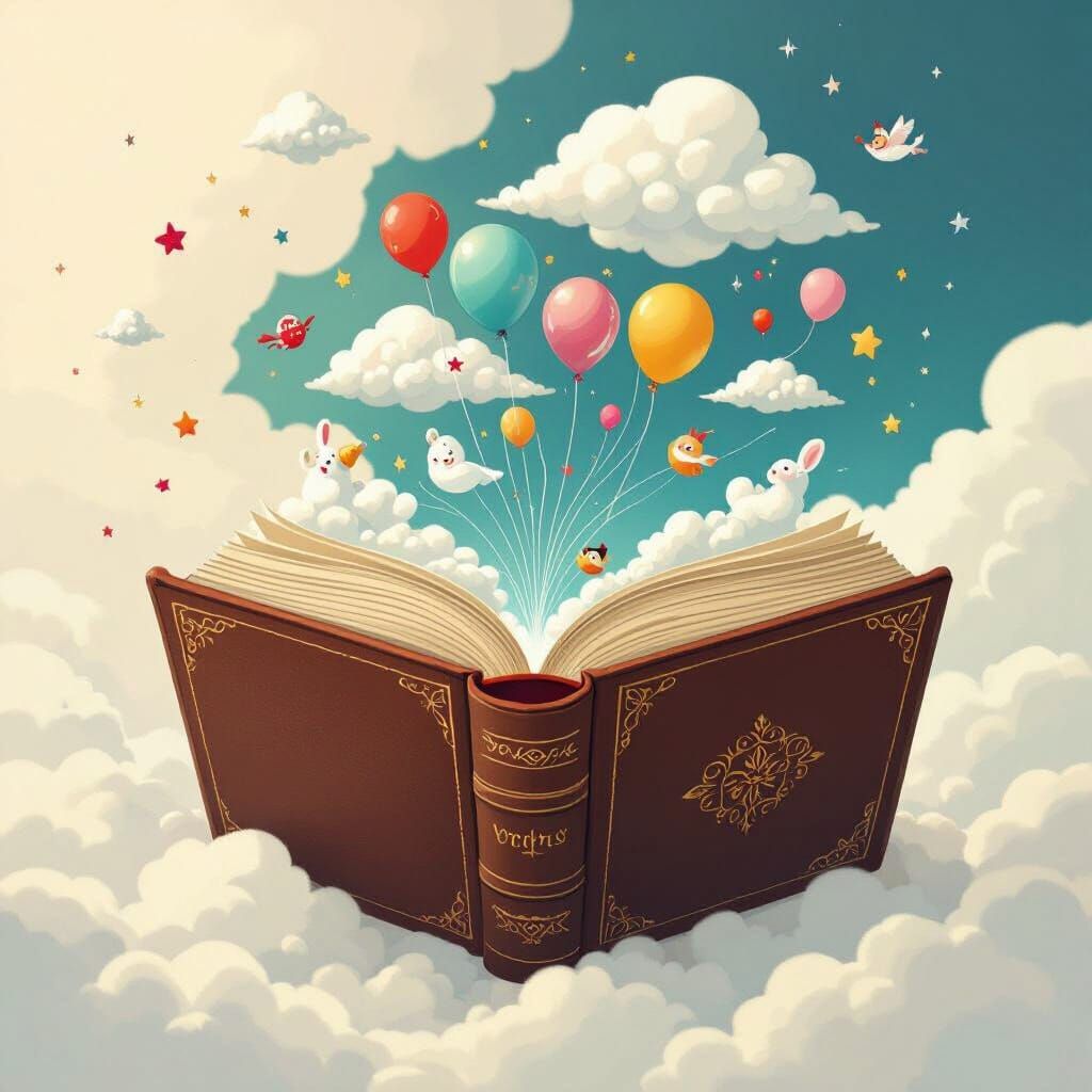 Whimsical Book Opening with Clouds and Creatures