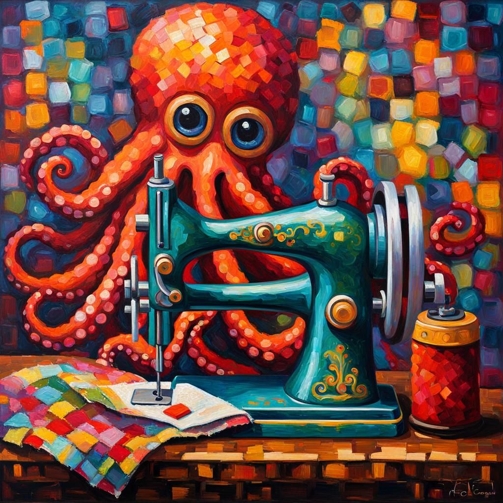 Octopus Sewing Machine in Expressionist Oil Painting