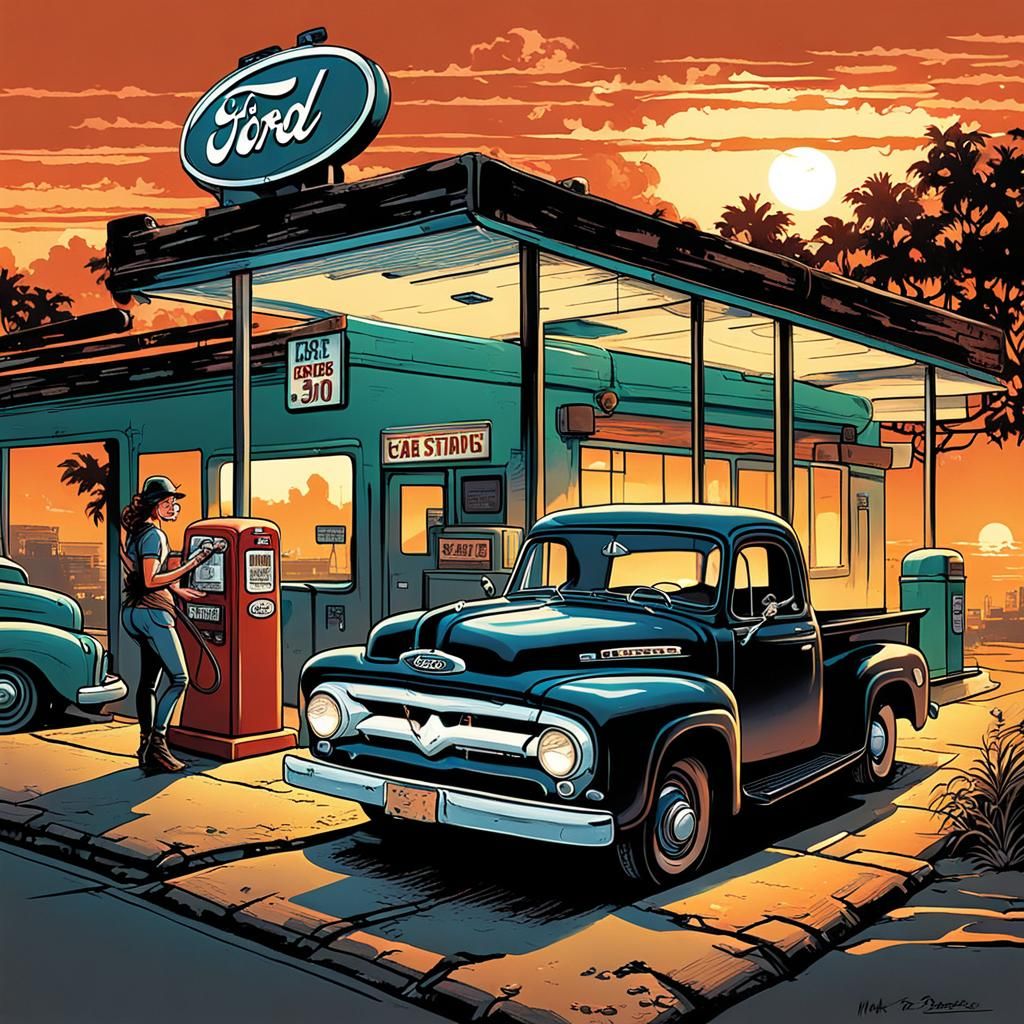 Comic Book Style: Woman Fueling Old Ford at Sunset