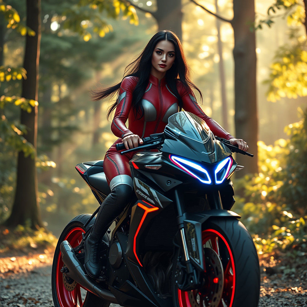 Woman on High-Tech Motorcycle in Lush Forest