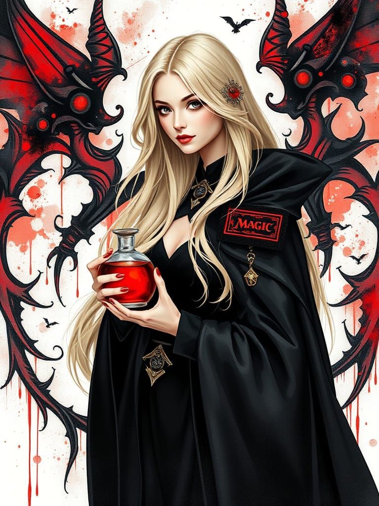 Elegant Teacher Emerges from a Card in a Cyberpunk Fantasy W...