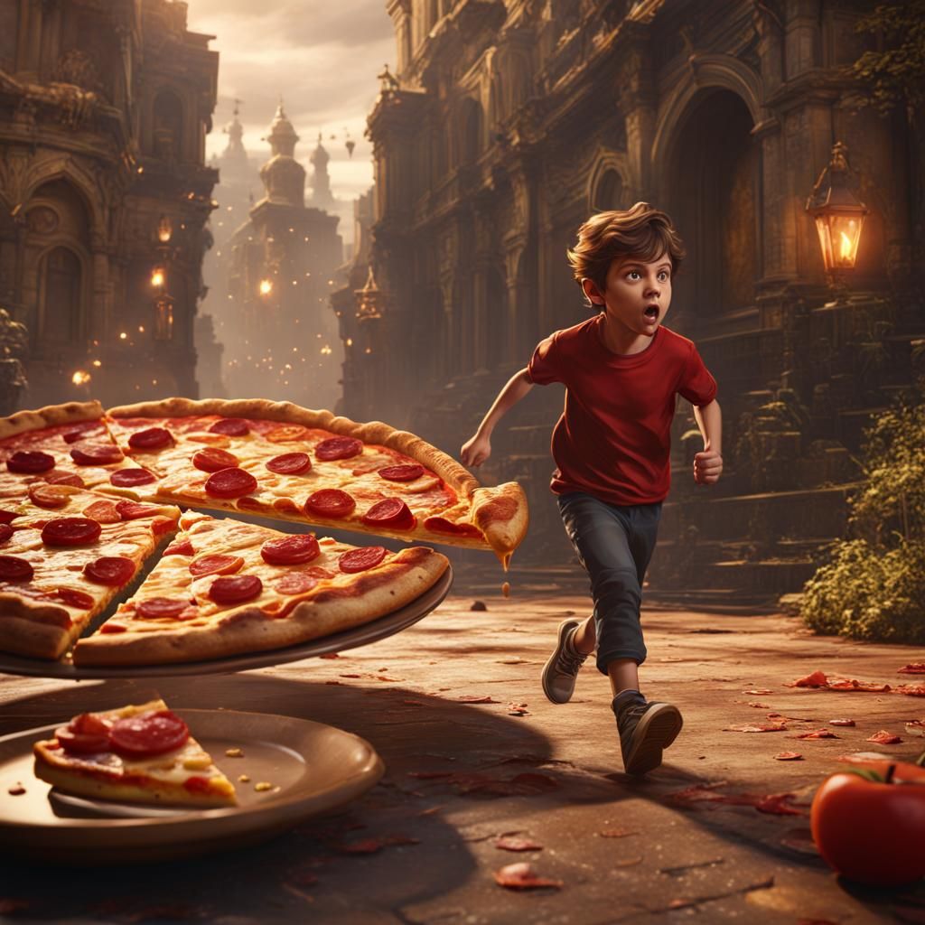 Boy Runs from Angry Pizza in Detailed Digital Painting