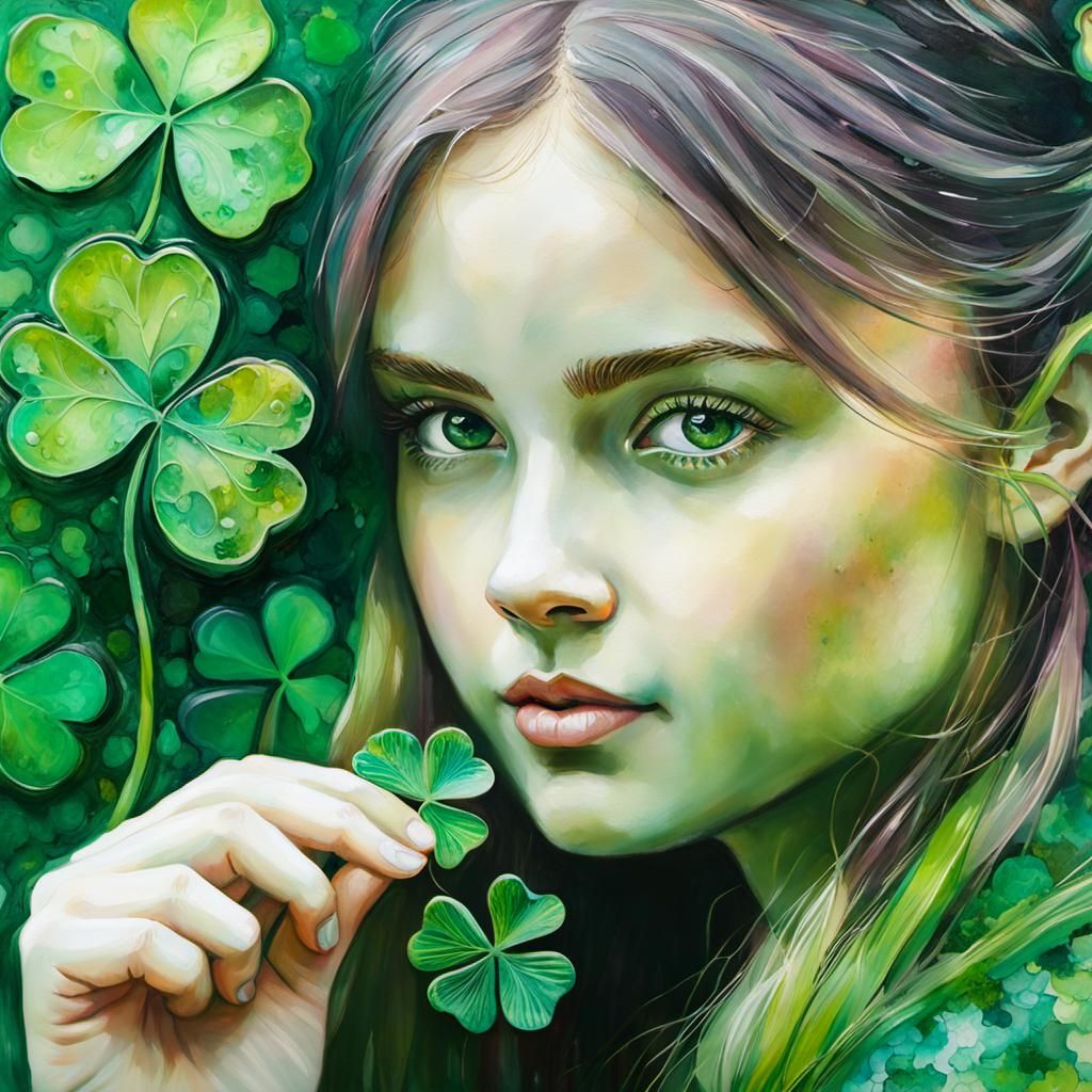 Girl Touches Shamrock: Impressionist Encaustic Alcohol Ink A...