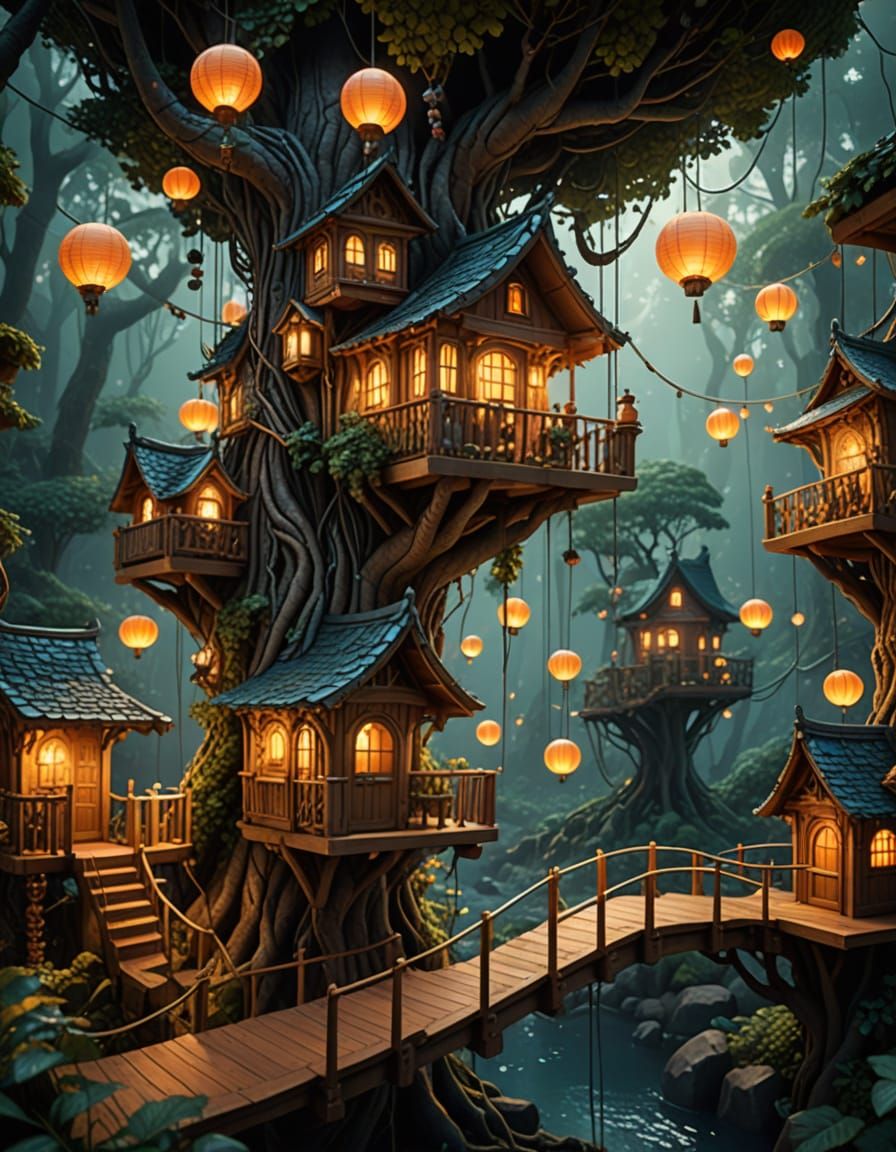 Enchanted Treehouse Village in a Mystical Forest