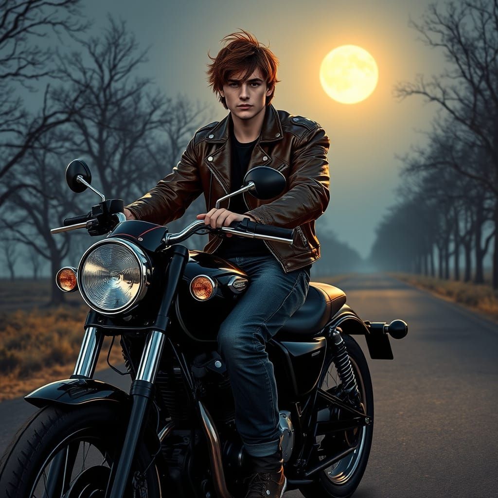 Confident Rider on a Moonlit Highway