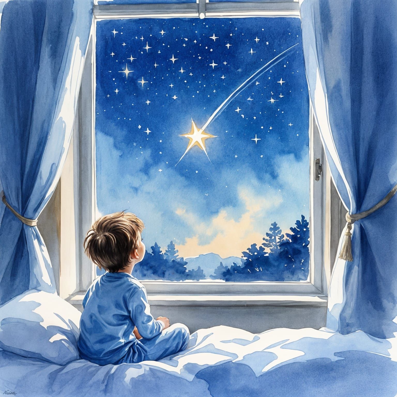 Boy Watching Shooting Star: Watercolor Painting