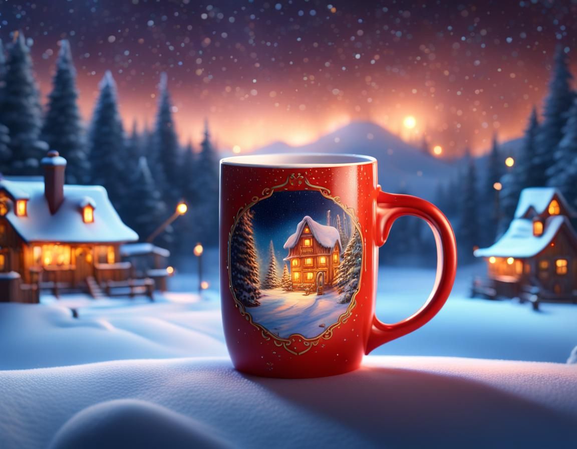 Coffee Mug Portrait in Santa's Village, Hyperrealistic Splas...