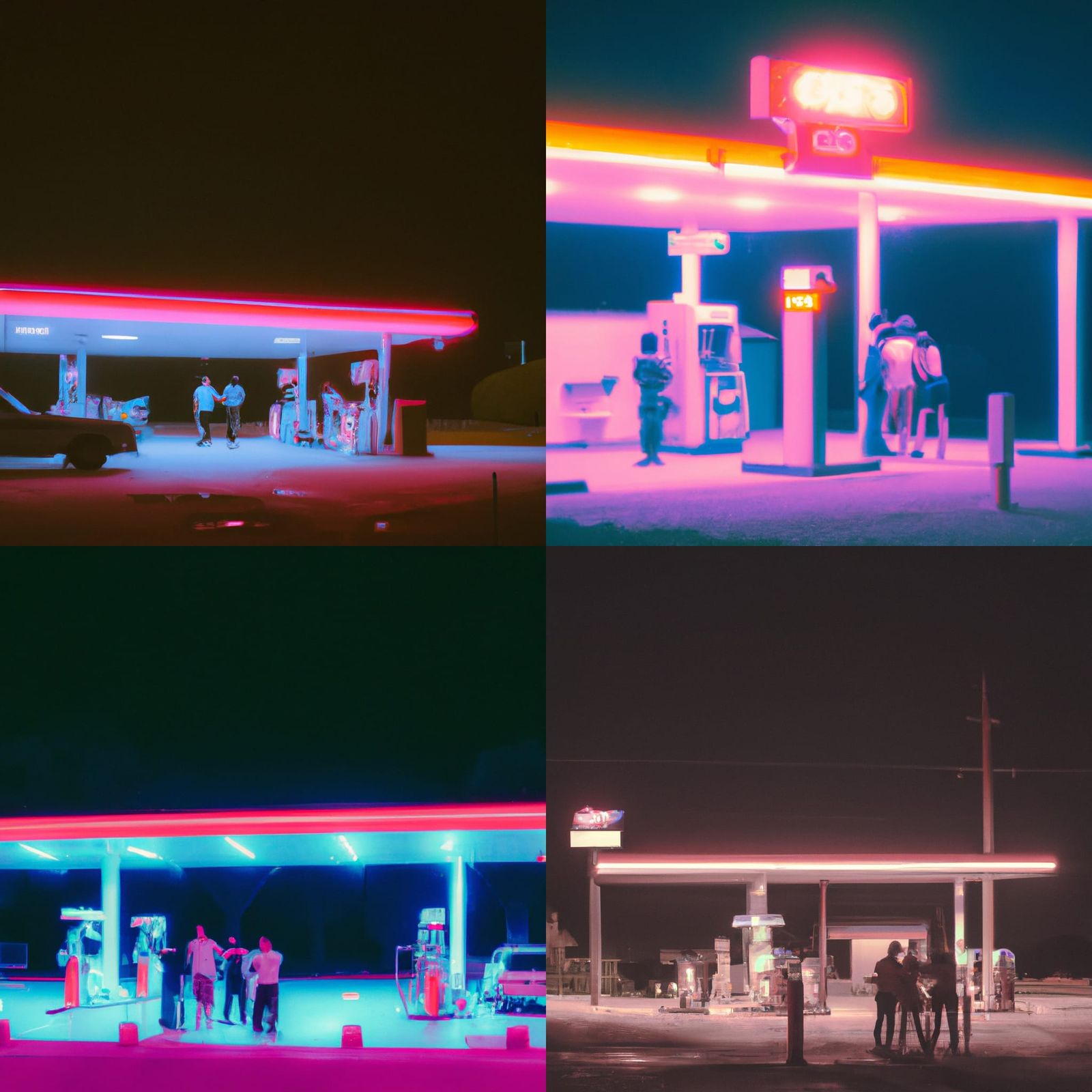 Remote Gas Station with Neon Lights in Retro Style