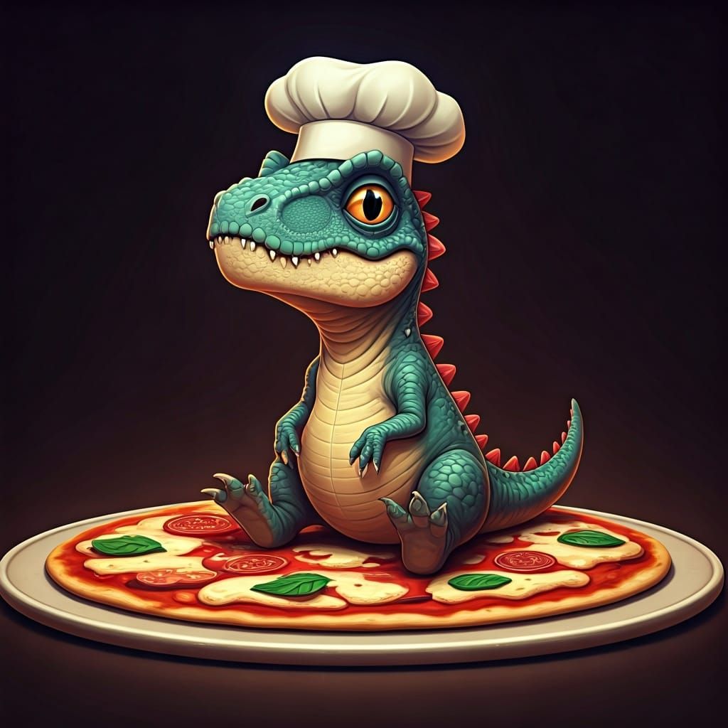 Dinosaur Chef on Pizza: Whimsical Illustration