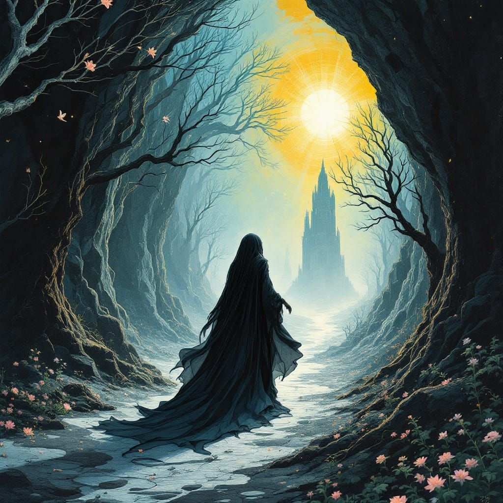 Ethereal Figure in Dystopian Landscape, in Surreal Style