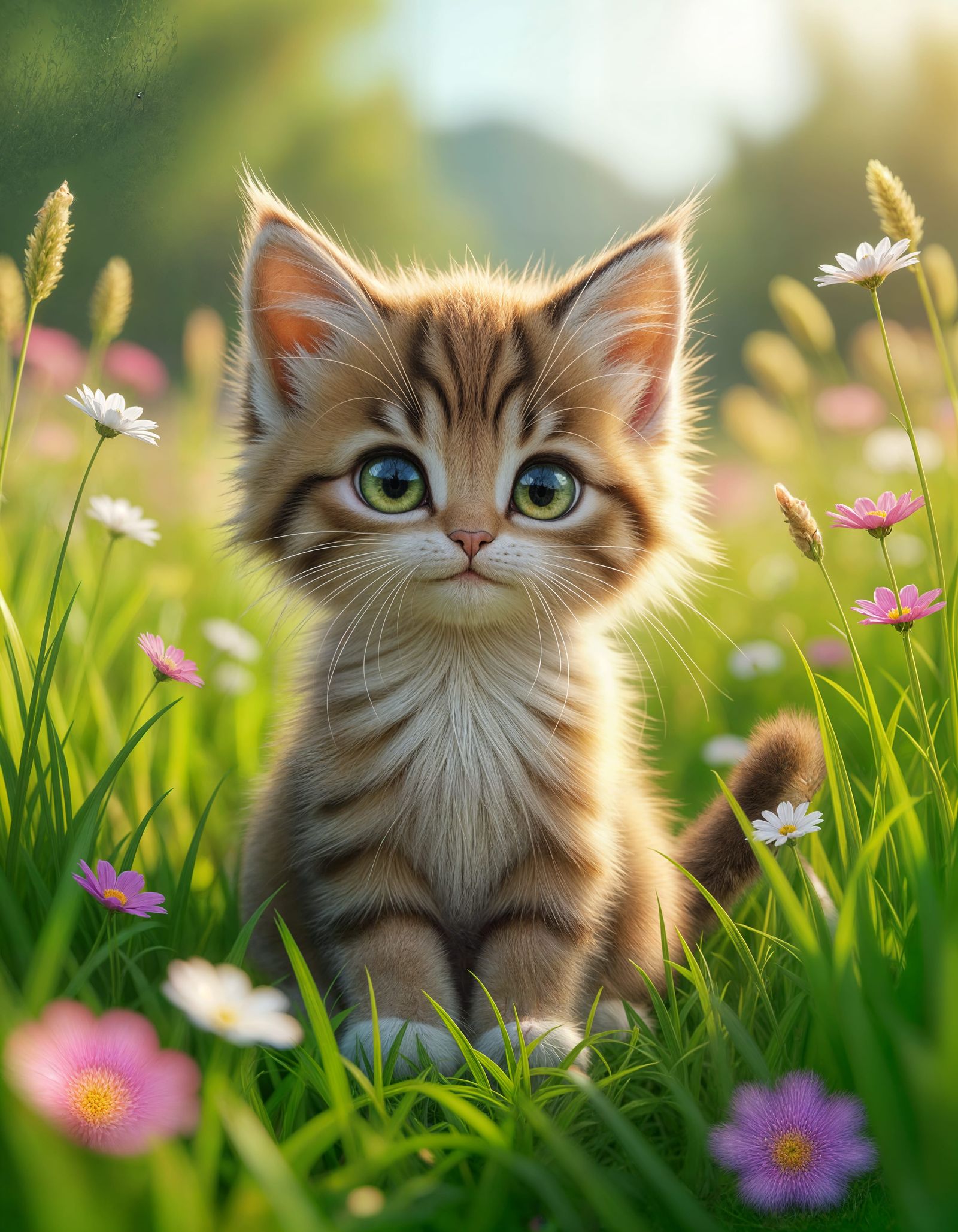 Cute Kitten in Field of Flowers, Anime Style