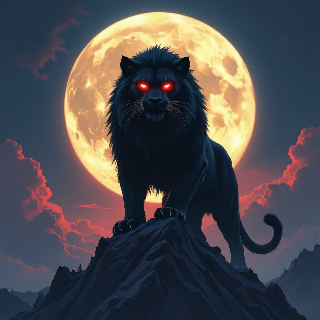 Colossal Black Mountain Lion Monster Under Full Moon