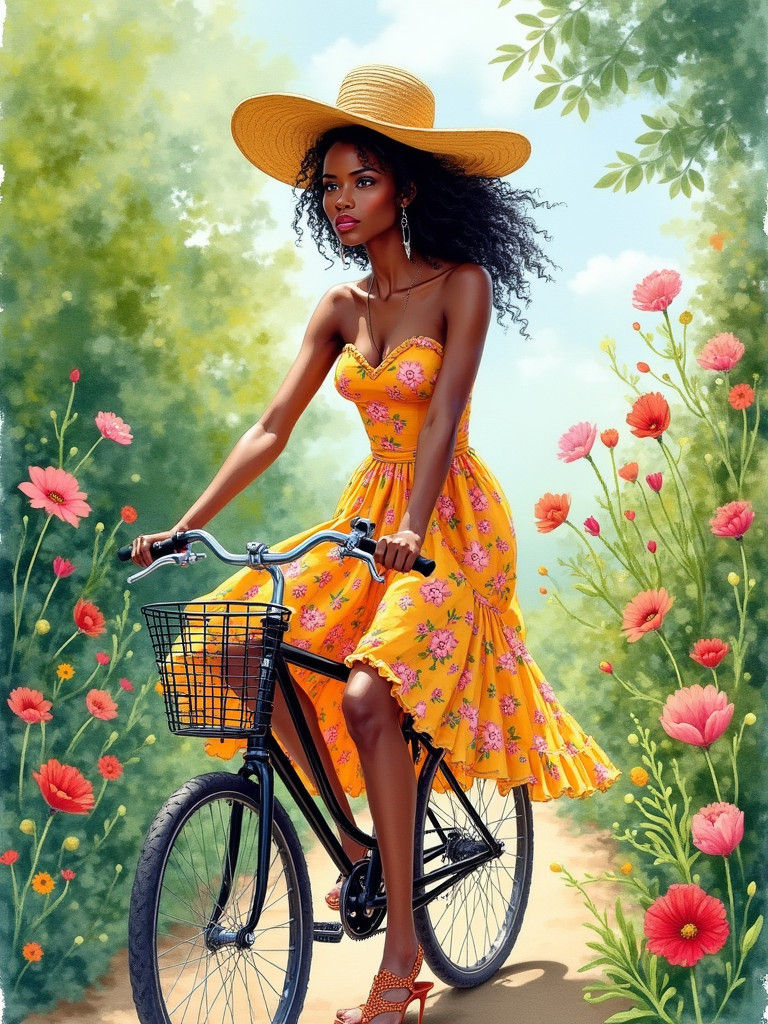 Watercolor Portrait of Woman on Bicycle in Garden
