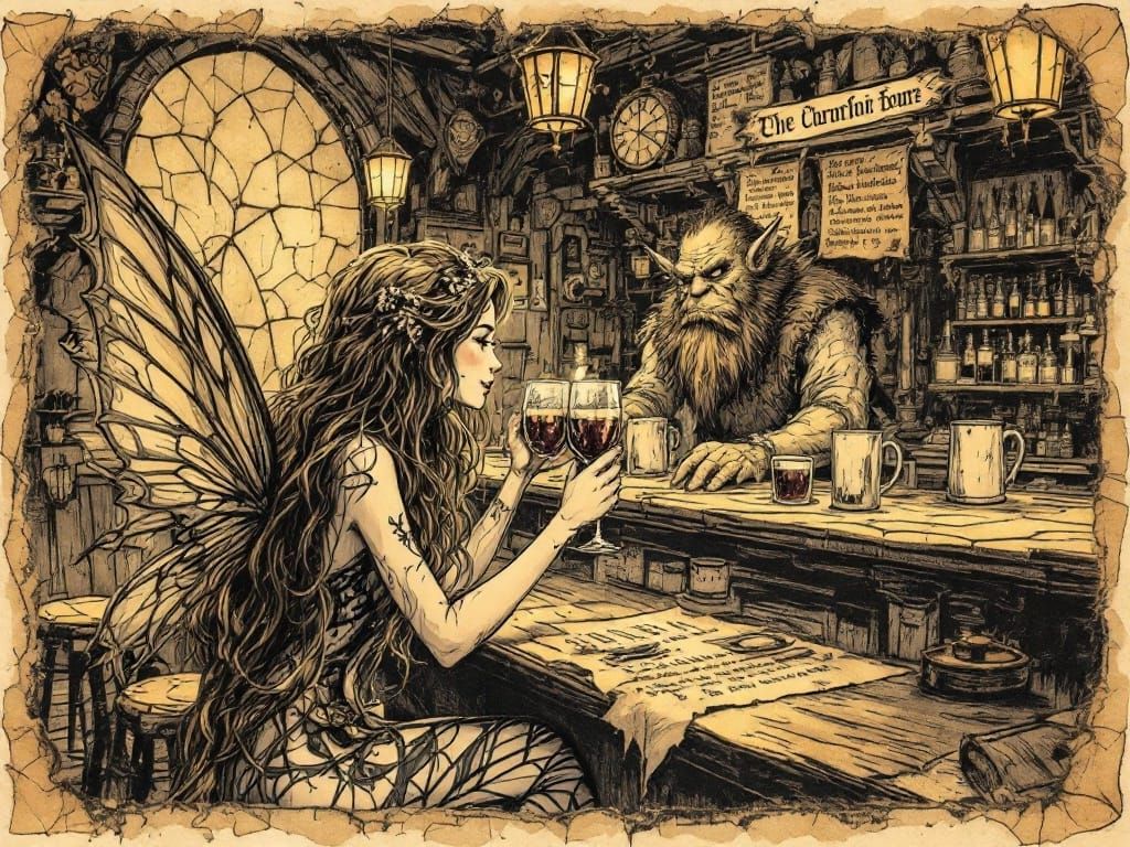 Fairy in Pub: Ink Drawing on Parchment