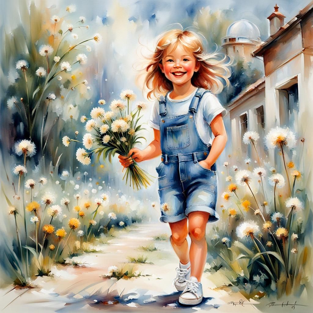 Girl Picking Flowers in Dreamy Watercolor Painting