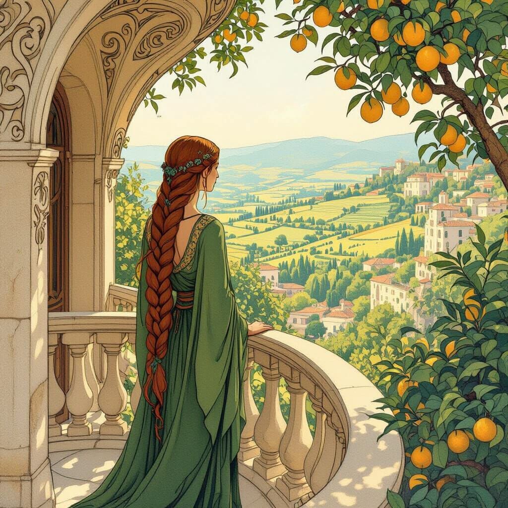 Elf Woman Overlooks Lemon Valley in Art Nouveau Home