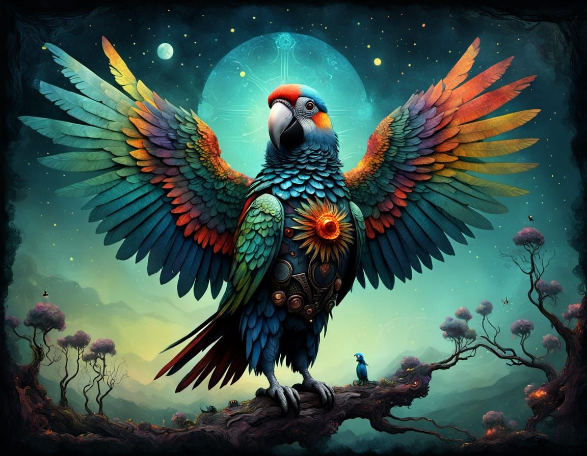 Cosmic Parrot Prophet in Expressionist Digital Impasto