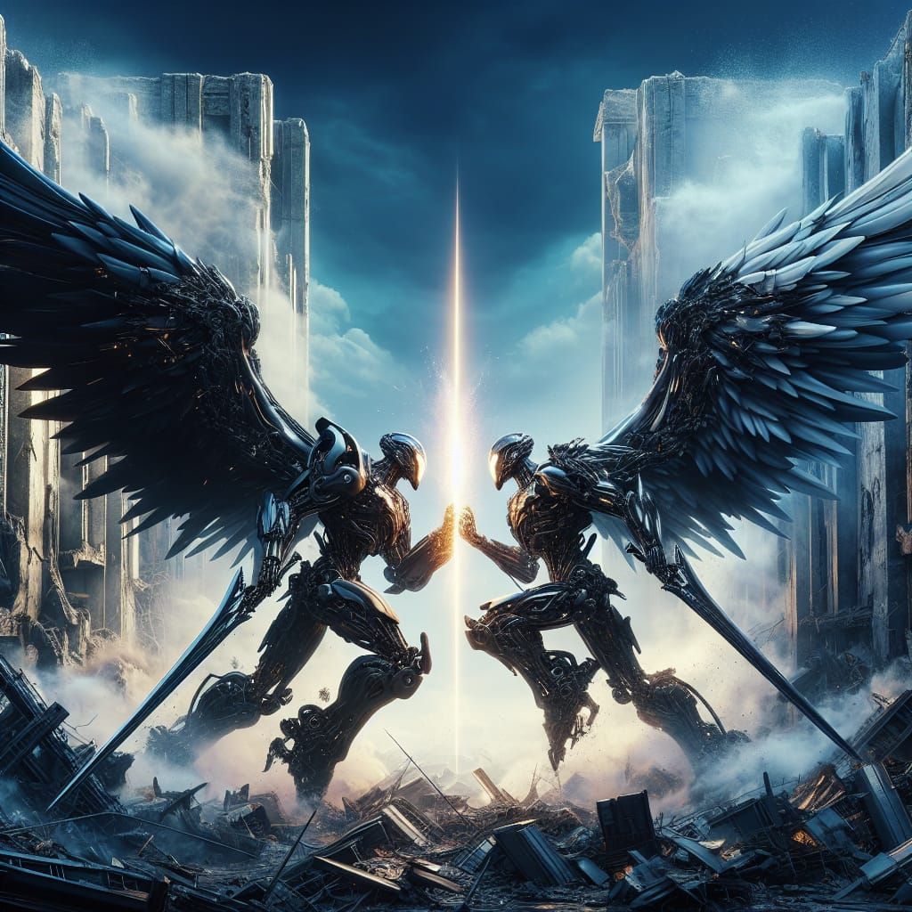 Cybernetic Angels Engage in Futuristic Duel
