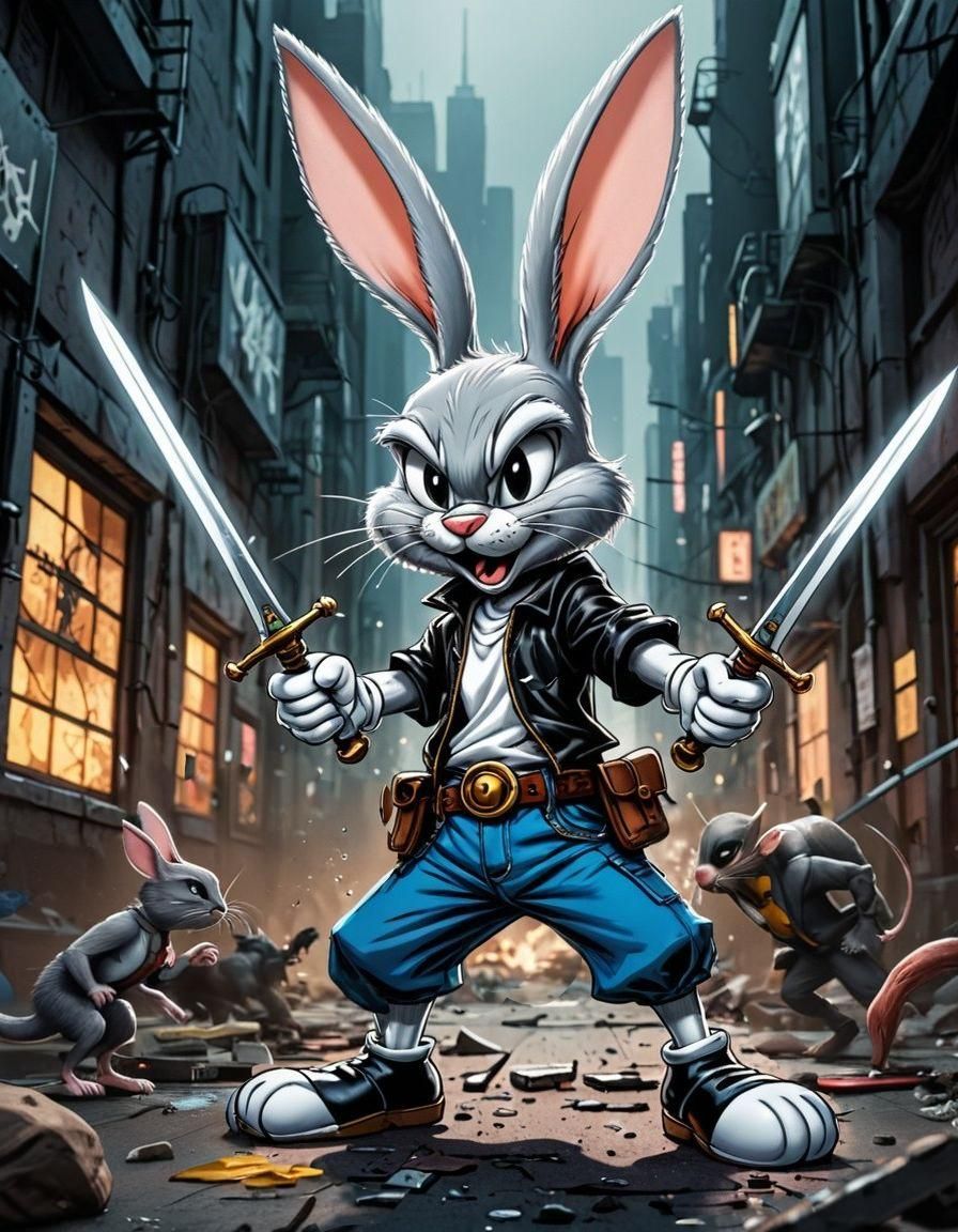Bugs Bunny and Mouse Fight in Gotham: Hyperrealistic Art