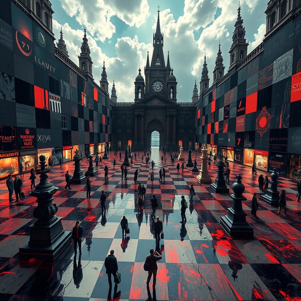 Surreal Chessboard Cathedral in Vibrant Colors