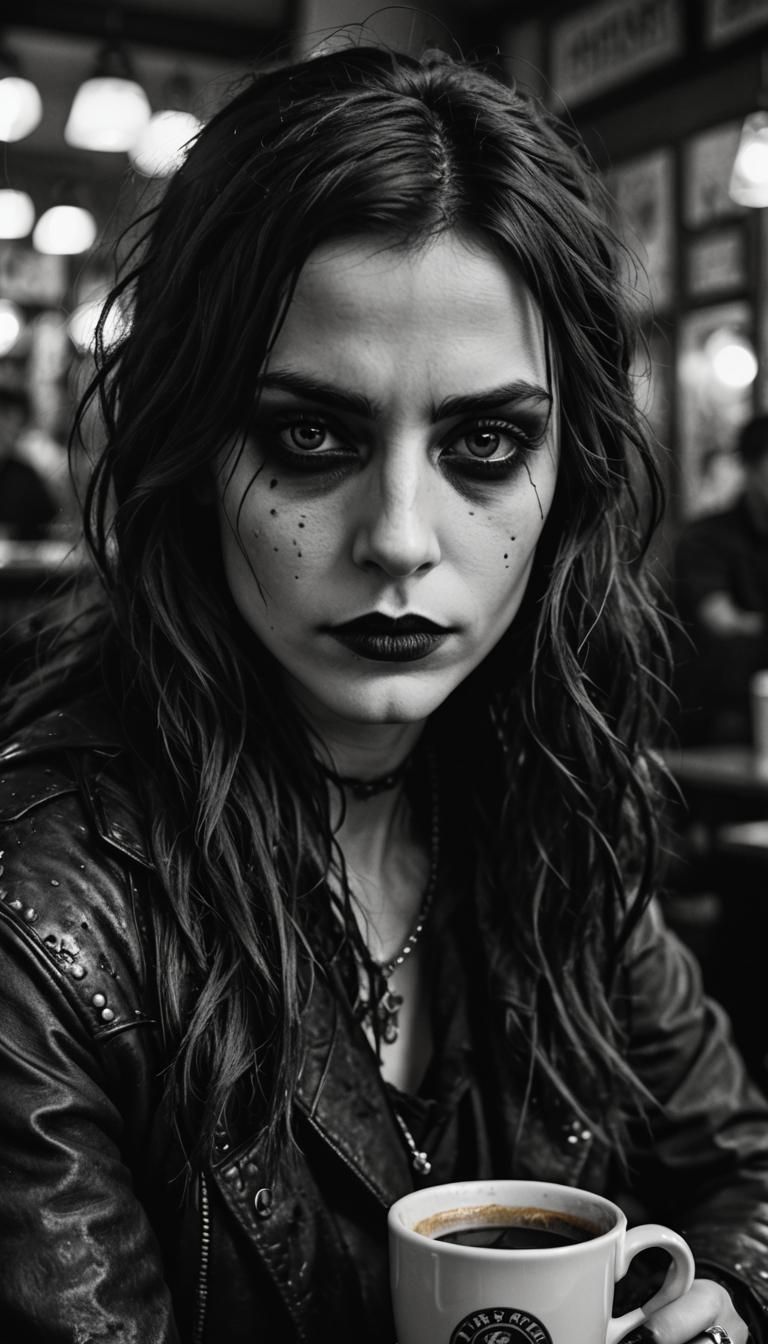 Goth Model in Coffee Shop: Grainy Black and White Portrait