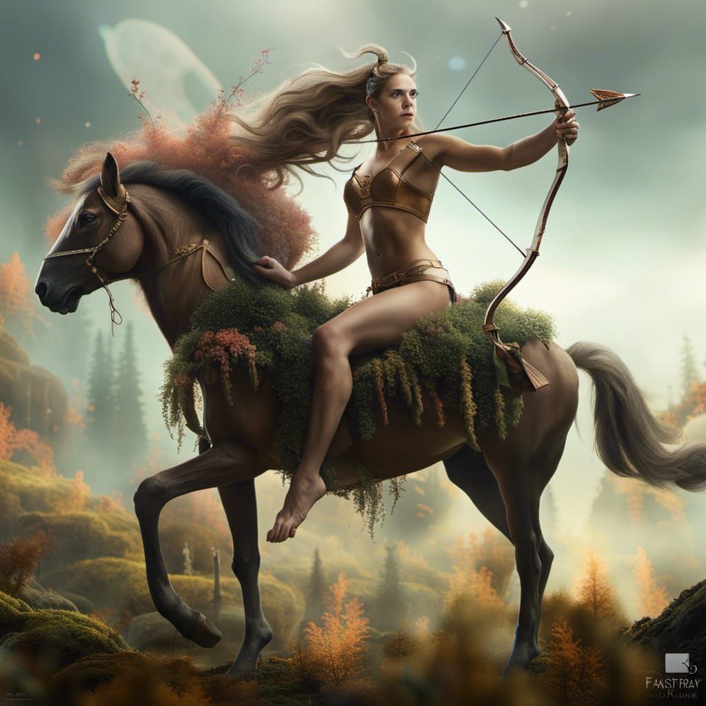 "Lola Weippert" dressed as a female centaur centauride shooting a bow and arrow, in a magical ethereal fantasy forest. d...