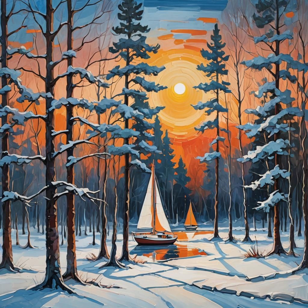 Abstract Sailboat Sunset Painting with Snow