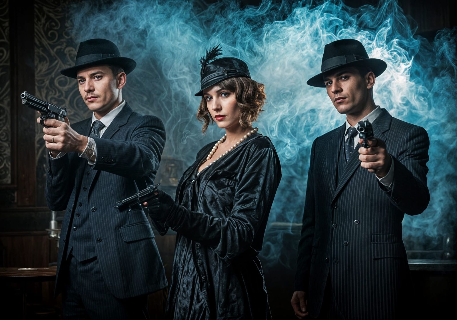 Gangsters in 1920s Attire Holding Guns in Smokey Café