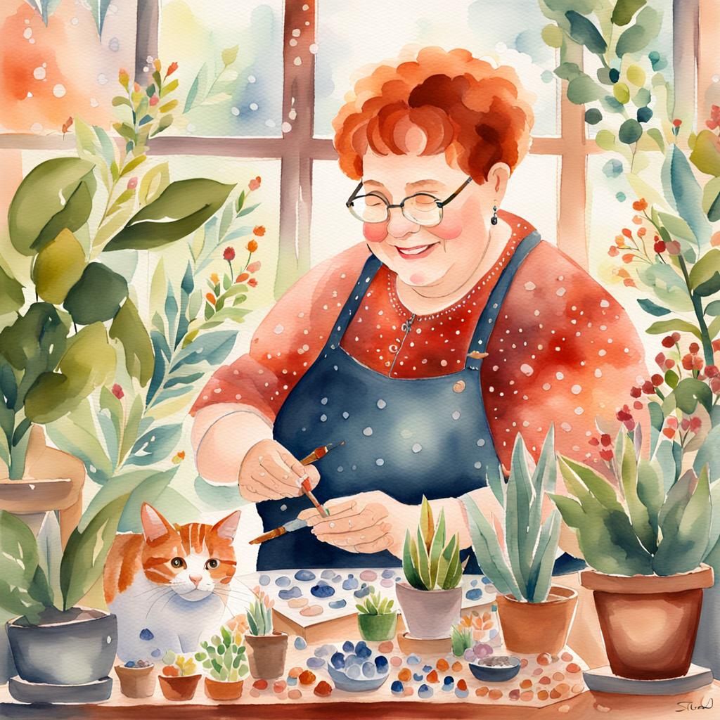 Watercolor Painting of a Smiling Lady in Cozy Studio