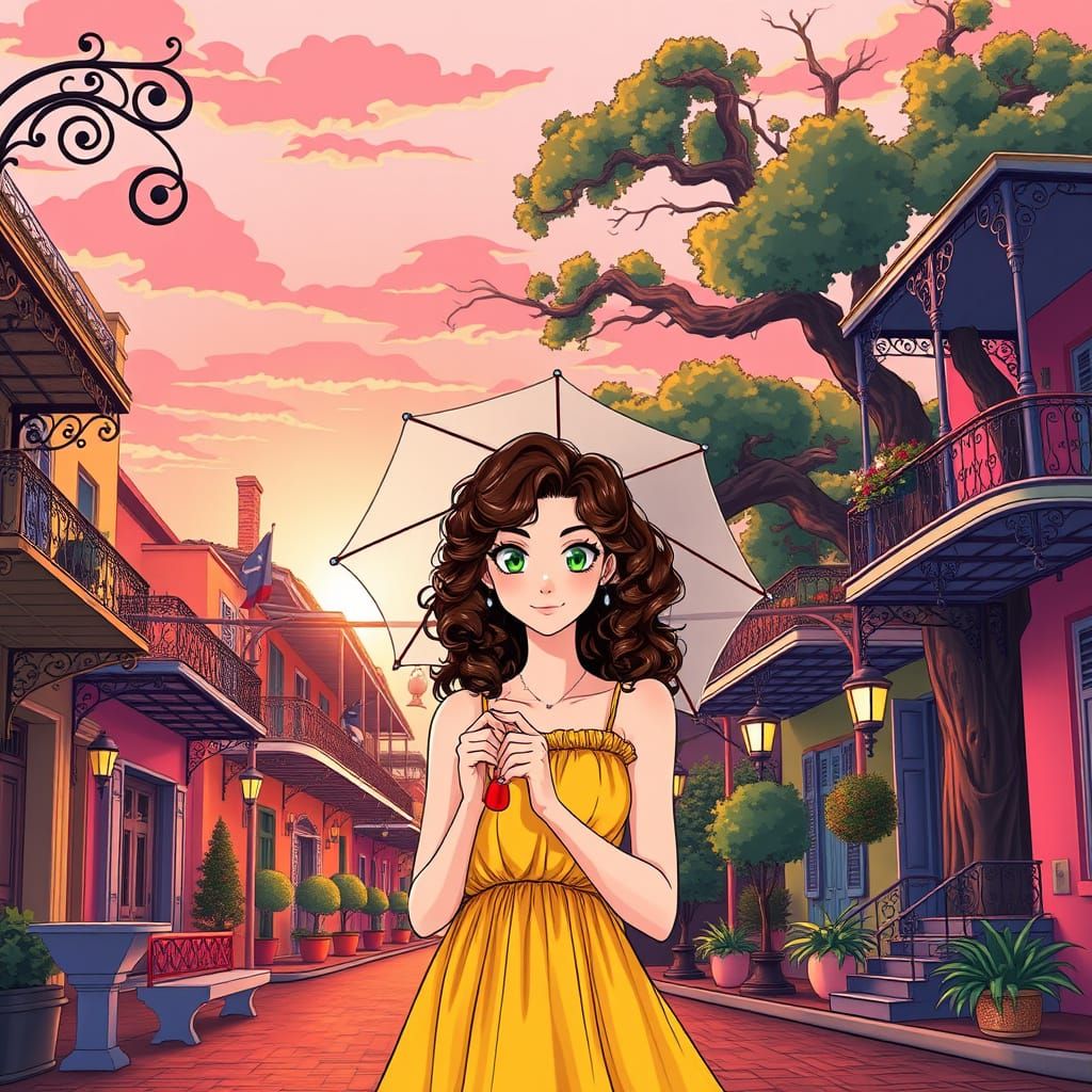 Anime New Orleans Street Scene at Sunset